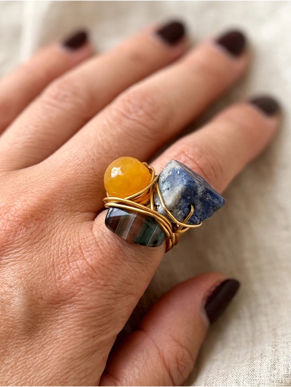 Handcrafted Gold Wire Ring w Yellow agate , Blue sodalite & babded agate stones